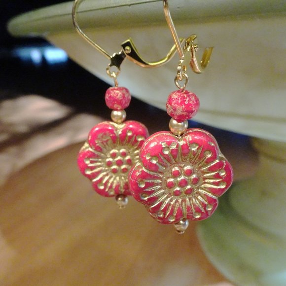 Handcrafted artisanal earrings with whimsical Czech windflowers in 12 colors - Picture 12 of 17